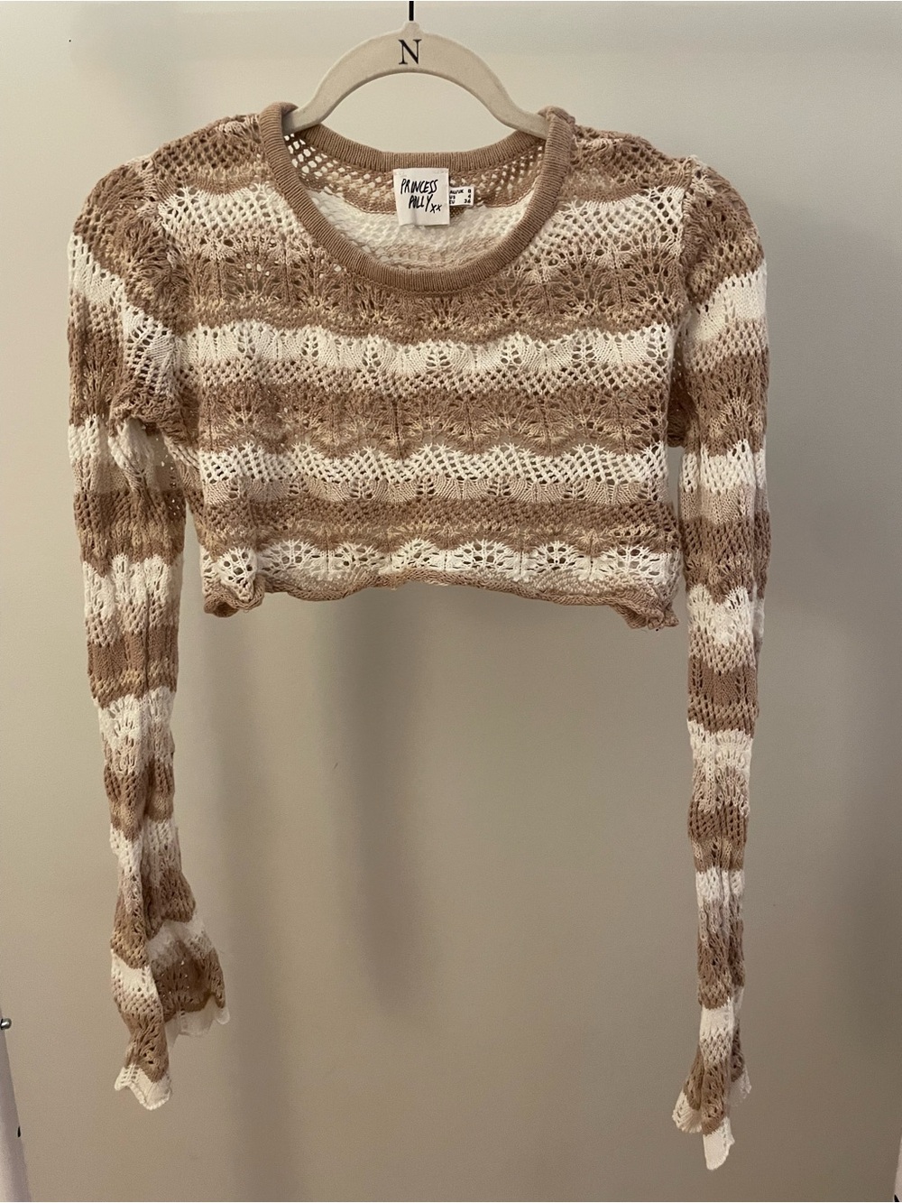 Princess Polly Crochet Knit Crop Top — Cream & Tan